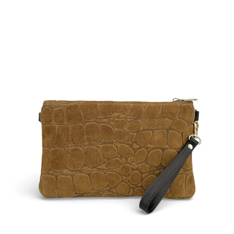 Sac pochette en daim embossé crocodile ZELINE Marron camel foncé