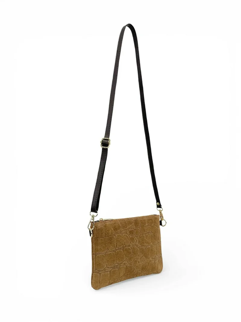 Sac pochette en daim embossé crocodile ZELINE Marron camel foncé