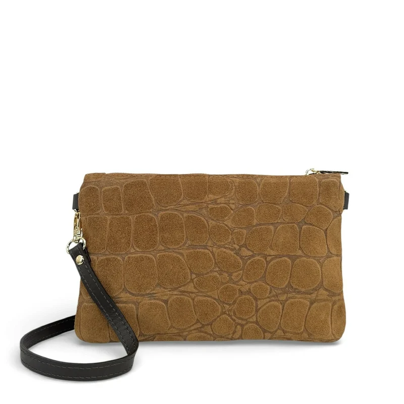 Sac pochette en daim embossé crocodile ZELINE Marron camel foncé