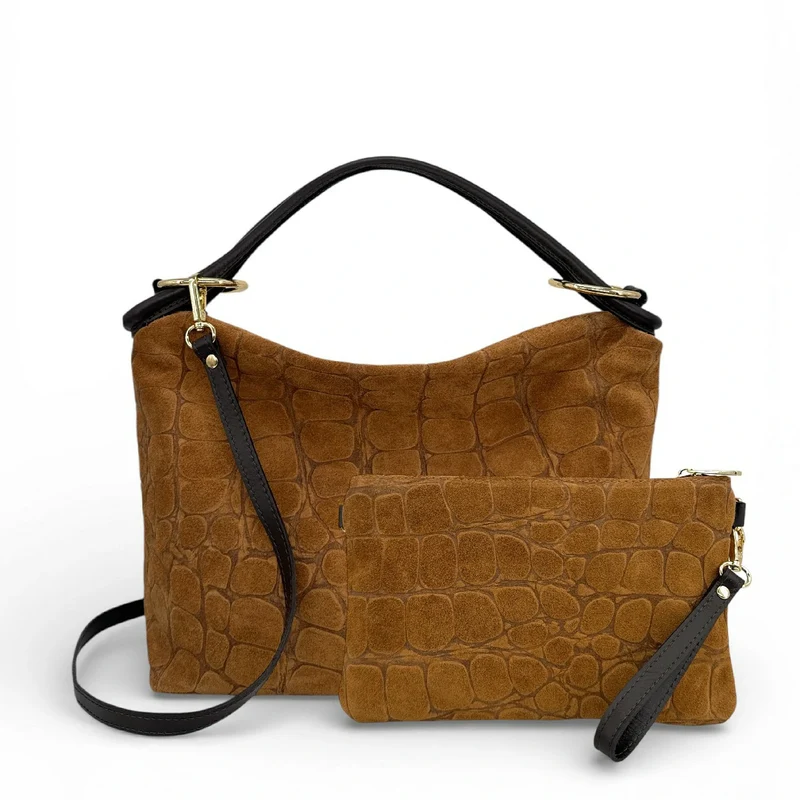 Sac pochette en daim embossé crocodile ZELINE Marron camel foncé