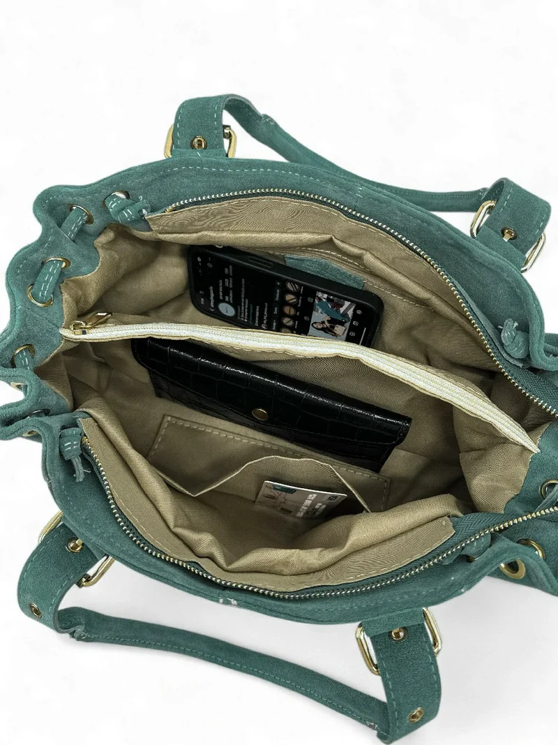 Sac bowling en daim PRINCESSE SUEDE Bleu vert canard