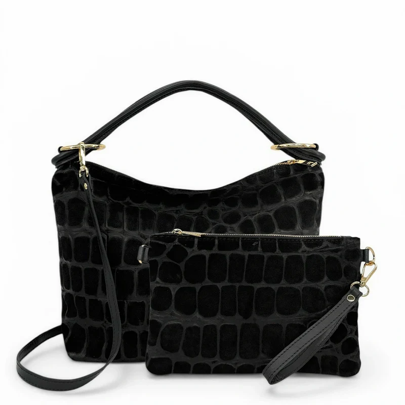Sac pochette en daim embossé crocodile MAXINE Noir