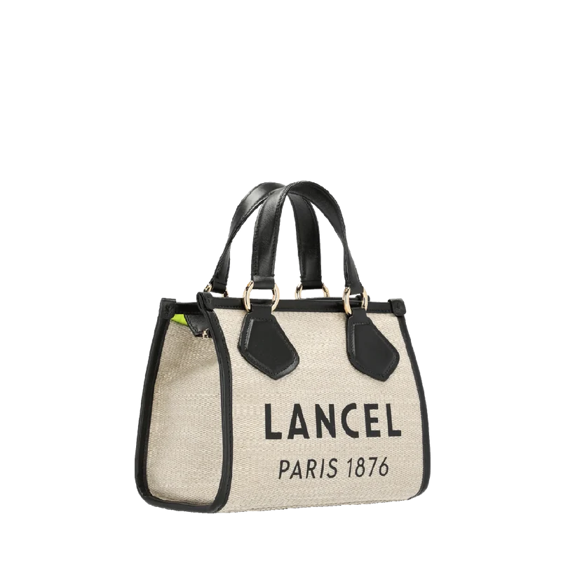 Cabas zippé S LANCEL Toile de jute et cuir de vachette lisse