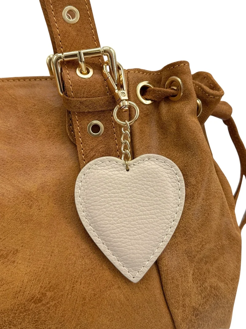 Porte-clés en cuir grainé COEUR Beige crème