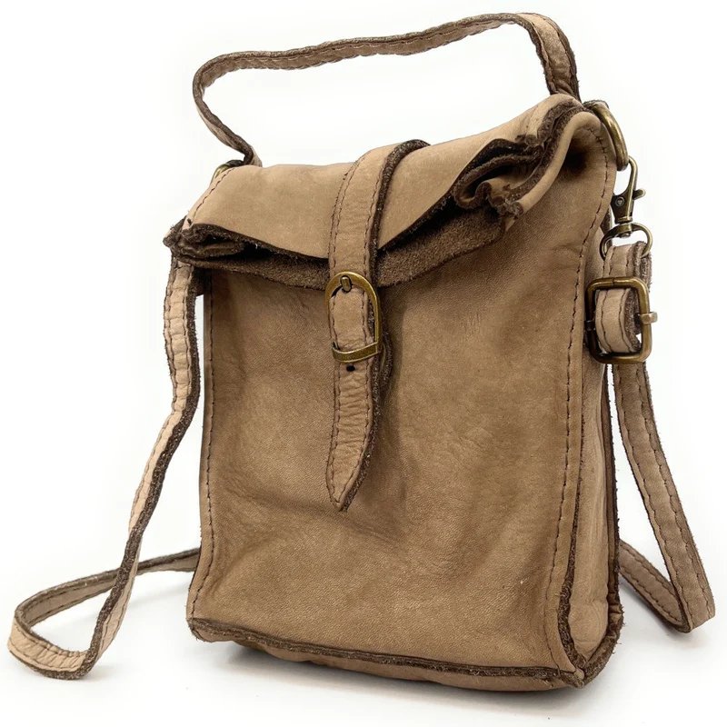 Mini-sac pochette bandoulière en cuir vintage OHM Taupe