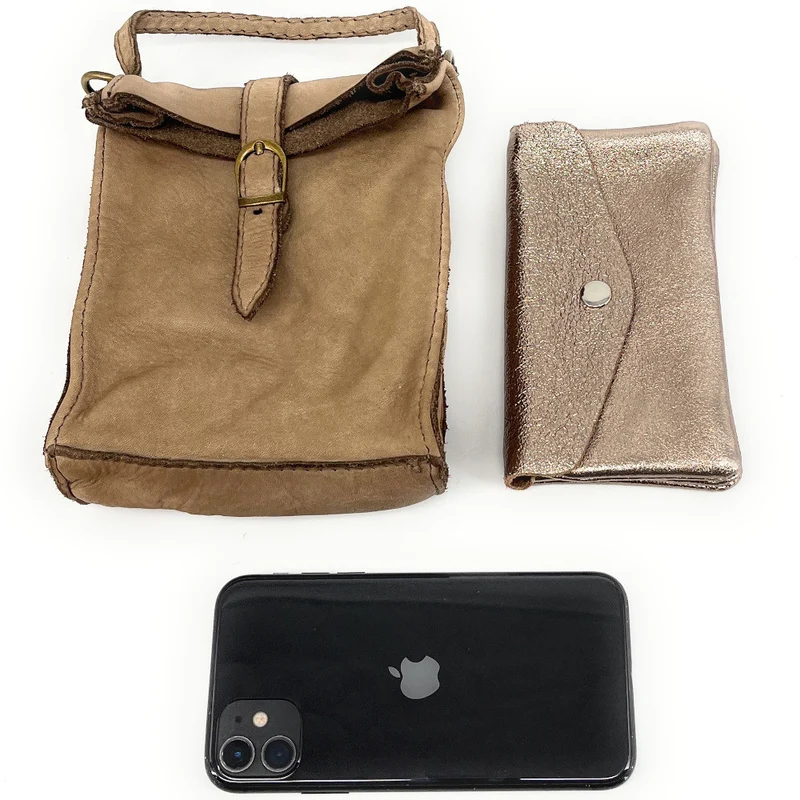 Mini-sac pochette bandoulière en cuir vintage OHM Taupe