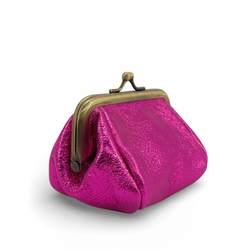 Pochette porte-monnaie en cuir irisé REINETTE Rose fuchsia