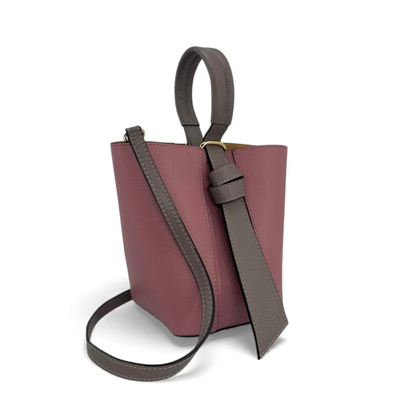 Sac seau et pochette en cuir grainé BIRDIE Taupe foncé et Rose blush
