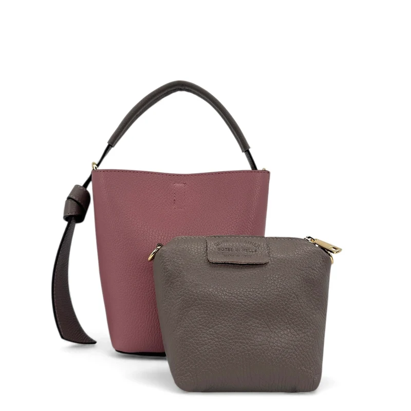 Sac seau et pochette en cuir grainé BIRDIE Taupe foncé et Rose blush