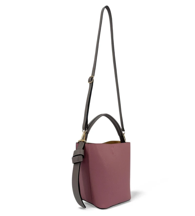 Sac seau et pochette en cuir grainé BIRDIE Taupe foncé et Rose blush