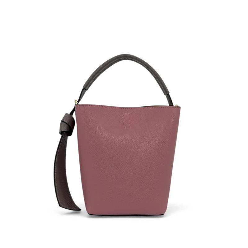 Sac seau et pochette en cuir grainé BIRDIE Taupe foncé et Rose blush