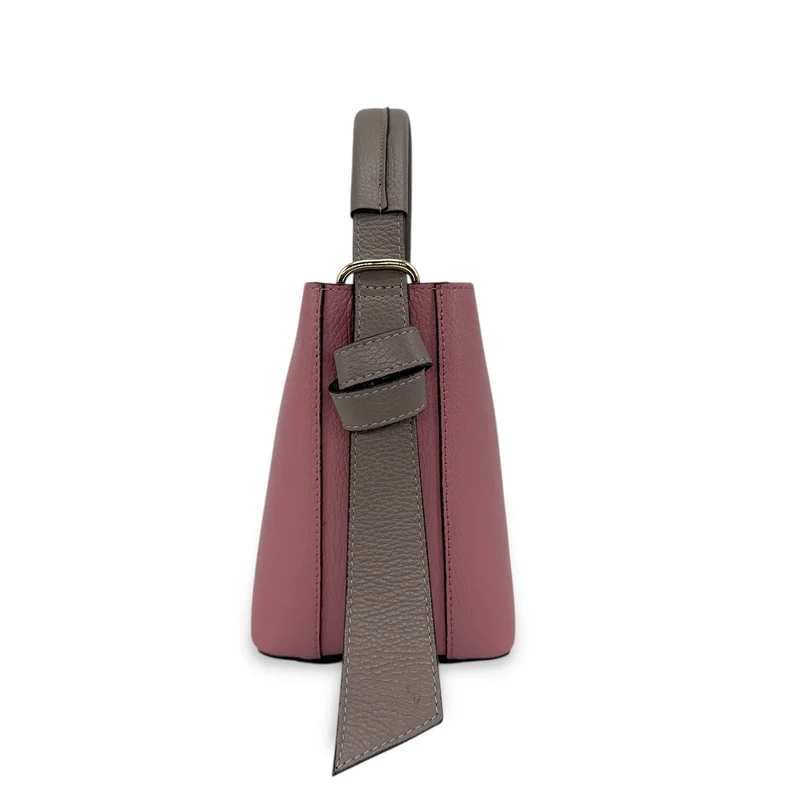 Sac seau et pochette en cuir grainé BIRDIE Taupe foncé et Rose blush
