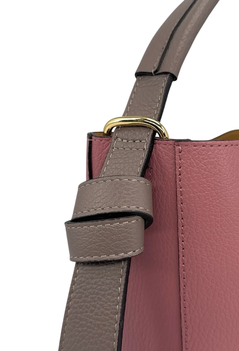Sac seau et pochette en cuir grainé BIRDIE Taupe foncé et Rose blush