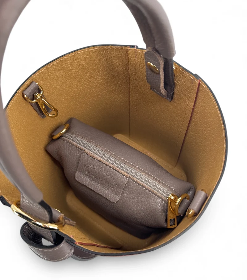 Sac seau et pochette en cuir grainé BIRDIE Taupe foncé et Rose blush