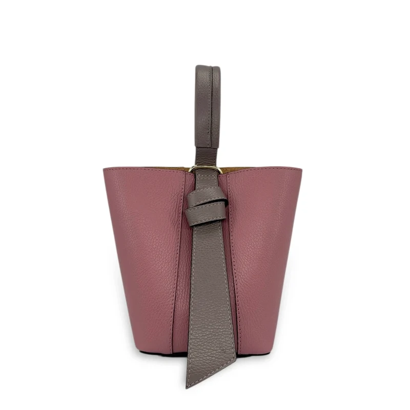 Sac seau et pochette en cuir grainé BIRDIE Taupe foncé et Rose blush