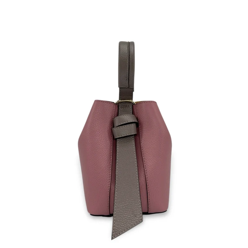 Sac seau et pochette en cuir grainé BIRDIE Taupe foncé et Rose blush