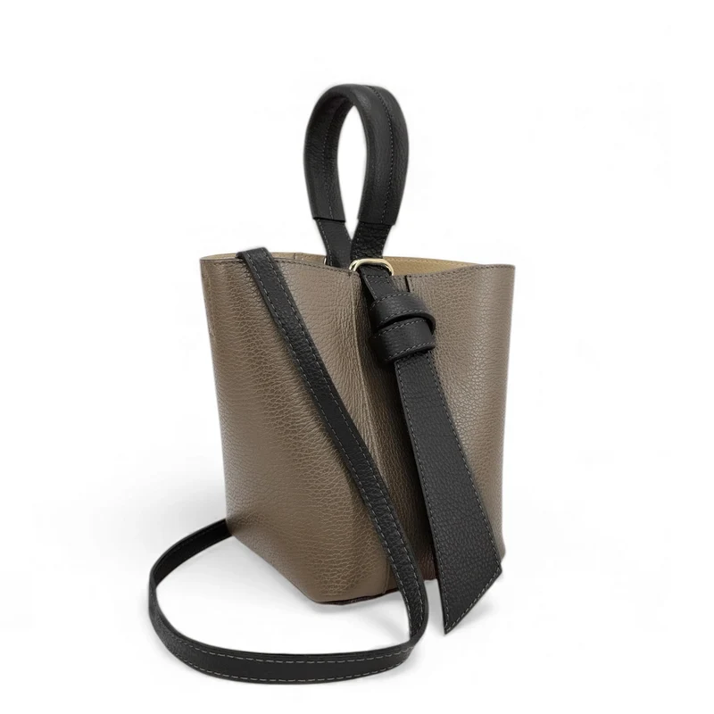 Sac seau et pochette en cuir grainé BIRDIE Noir et Taupe foncé
