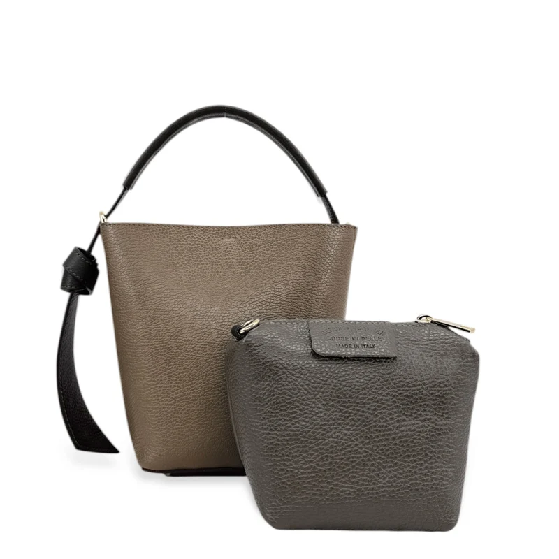 Sac seau et pochette en cuir grainé BIRDIE Noir et Taupe foncé