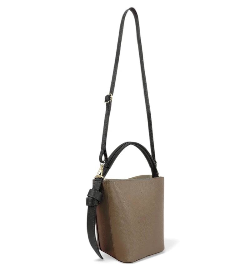 Sac seau et pochette en cuir grainé BIRDIE Noir et Taupe foncé