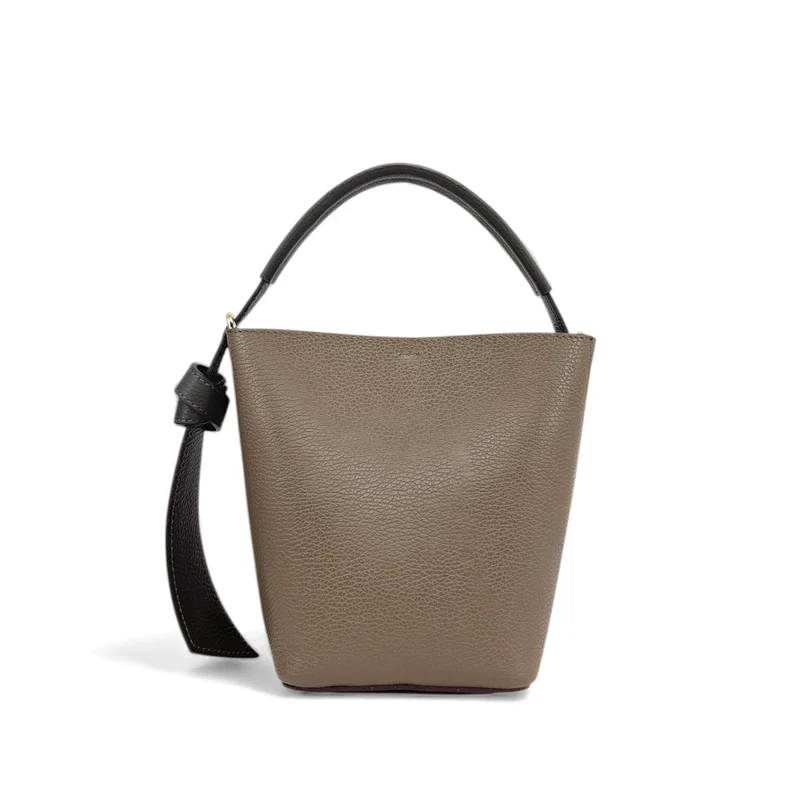 Sac seau et pochette en cuir grainé BIRDIE Noir et Taupe foncé