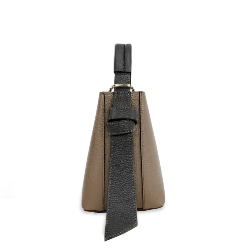 Sac seau et pochette en cuir grainé BIRDIE Noir et Taupe foncé