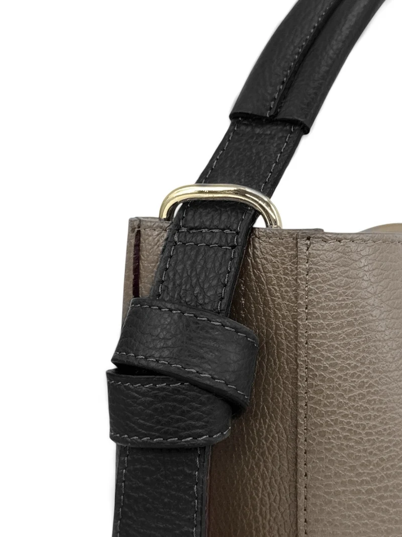 Sac seau et pochette en cuir grainé BIRDIE Noir et Taupe foncé
