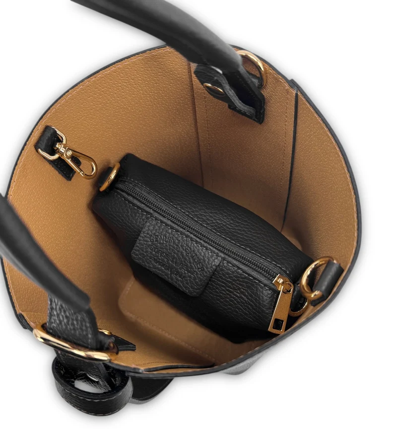 Sac seau et pochette en cuir grainé BIRDIE Noir et Taupe foncé