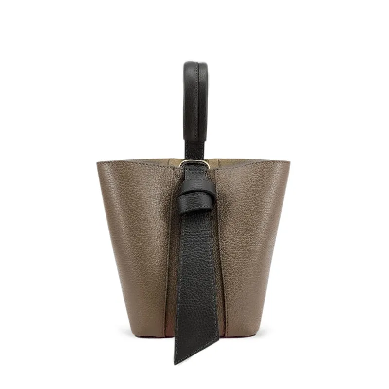 Sac seau et pochette en cuir grainé BIRDIE Noir et Taupe foncé