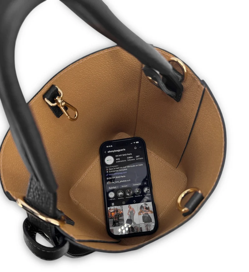 Sac seau et pochette en cuir grainé BIRDIE Noir et Taupe foncé