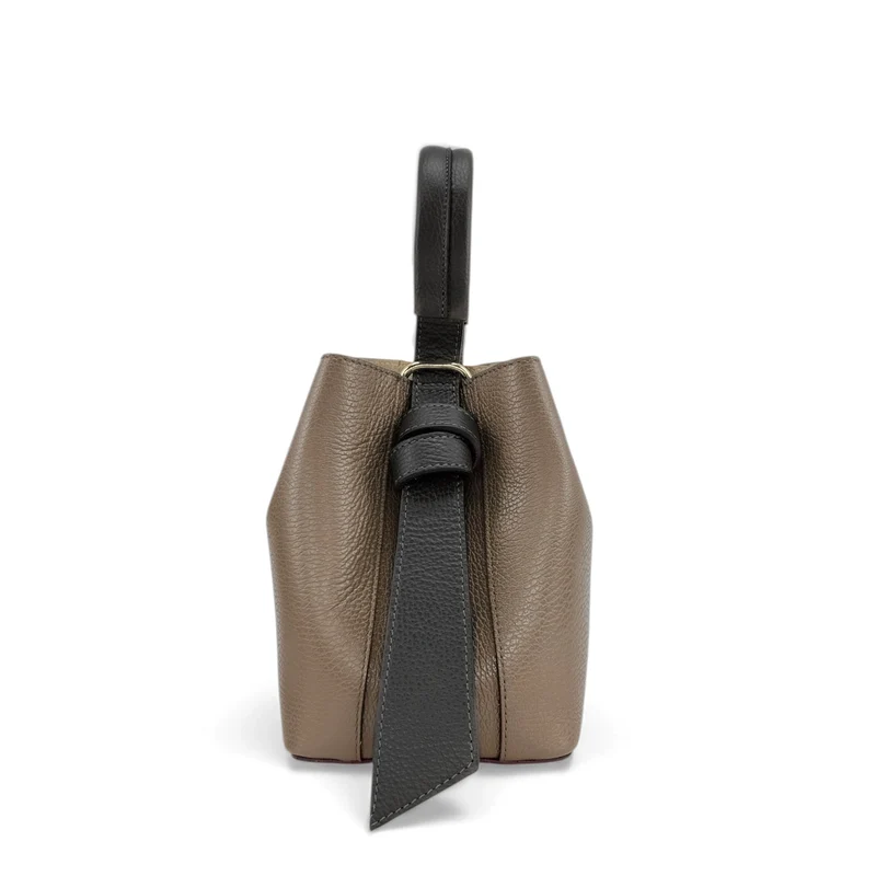 Sac seau et pochette en cuir grainé BIRDIE Noir et Taupe foncé