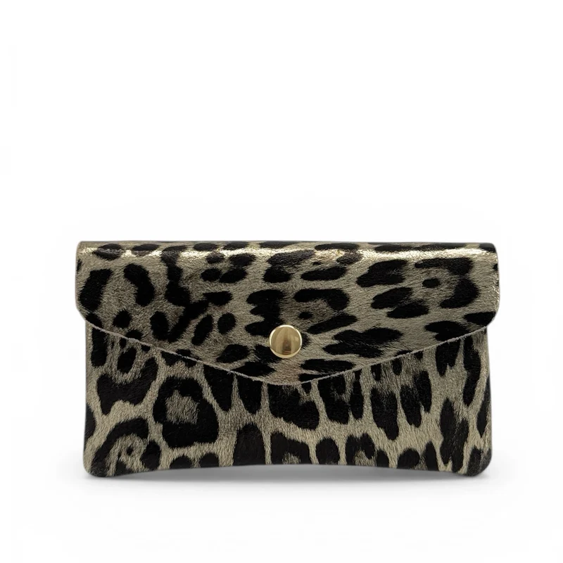 Pochette porte-monnaie en cuir irisé COMPO JUNGLE Leopard or pâle