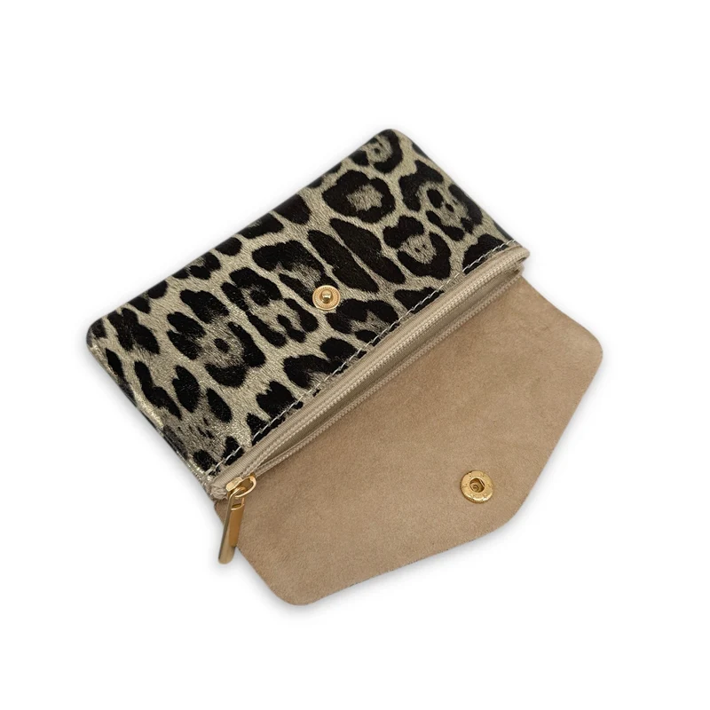 Pochette porte-monnaie en cuir irisé COMPO JUNGLE Leopard or pâle