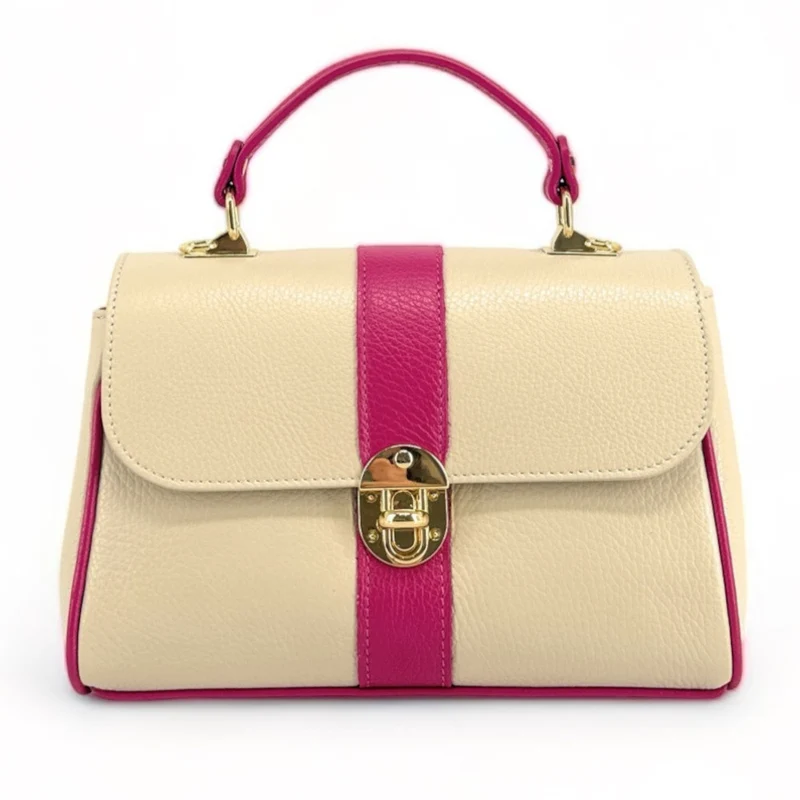 Sac à main en cuir grainé ZOE Beige / Rose fuchsia