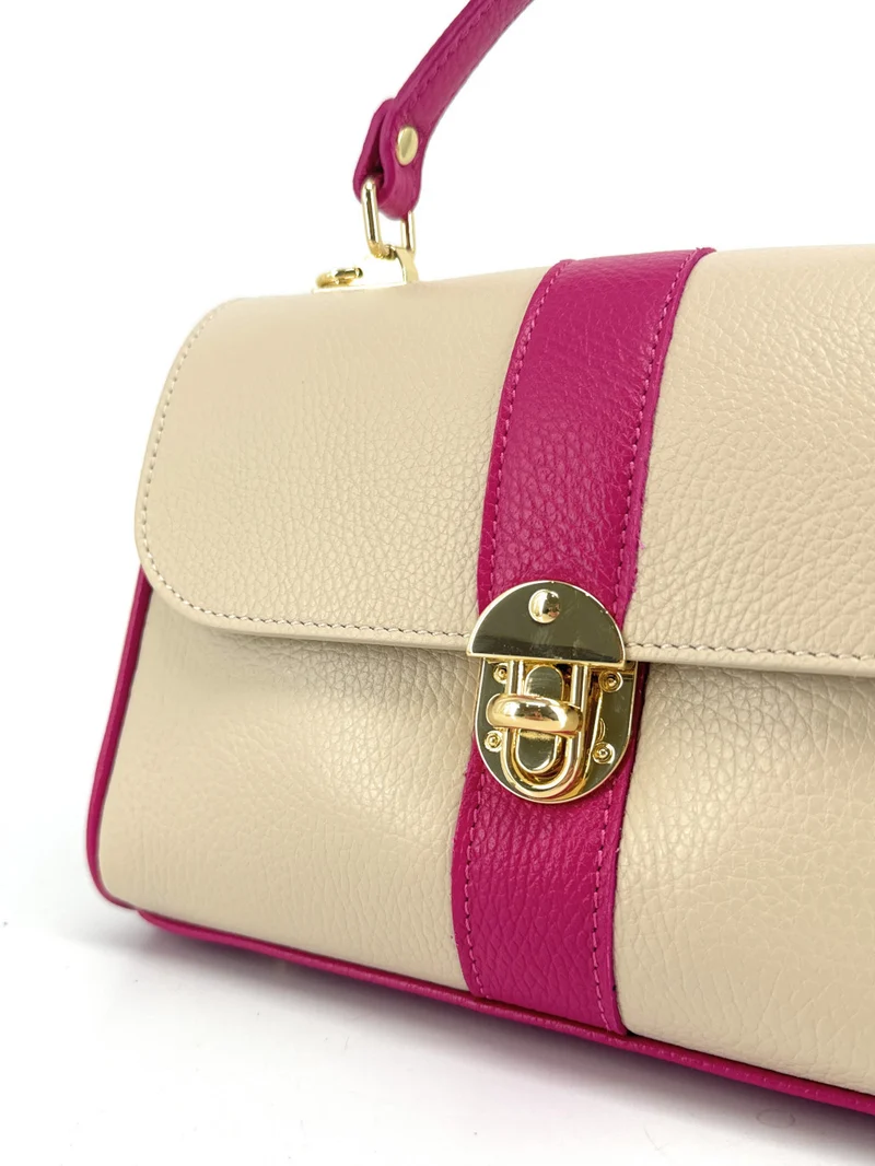 Sac à main en cuir grainé ZOE Beige / Rose fuchsia