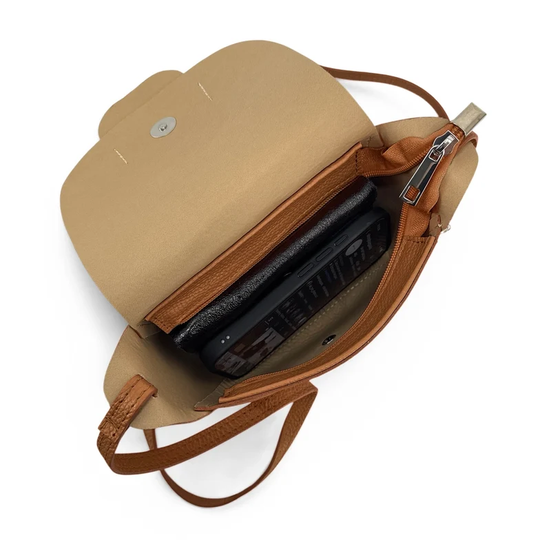 Mini sac besace en cuir grainé LOLLY Marron camel foncé