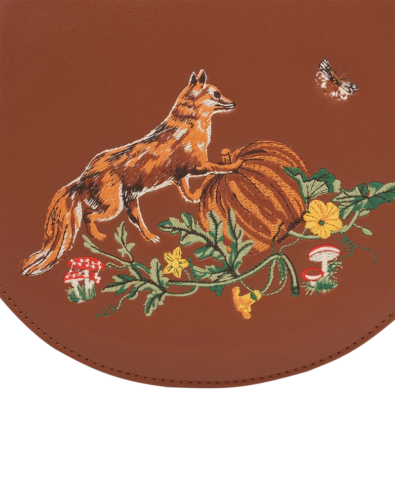 Fox & Pumpkin Embroidered Tan Saddle Bag