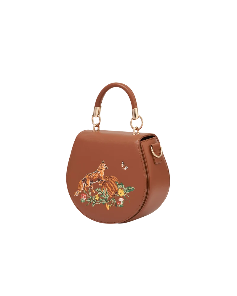 Fox & Pumpkin Embroidered Tan Saddle Bag