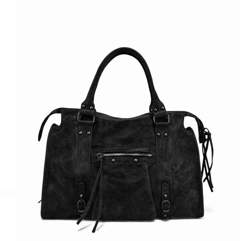 Sac à main en cuir brossé et clous argenté SANDSTORM SILVER Noir