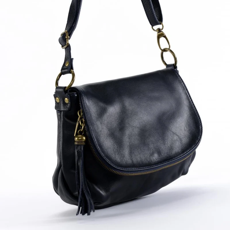 Sac bandoulière en cuir lisse 72 HEURES Bleu marine