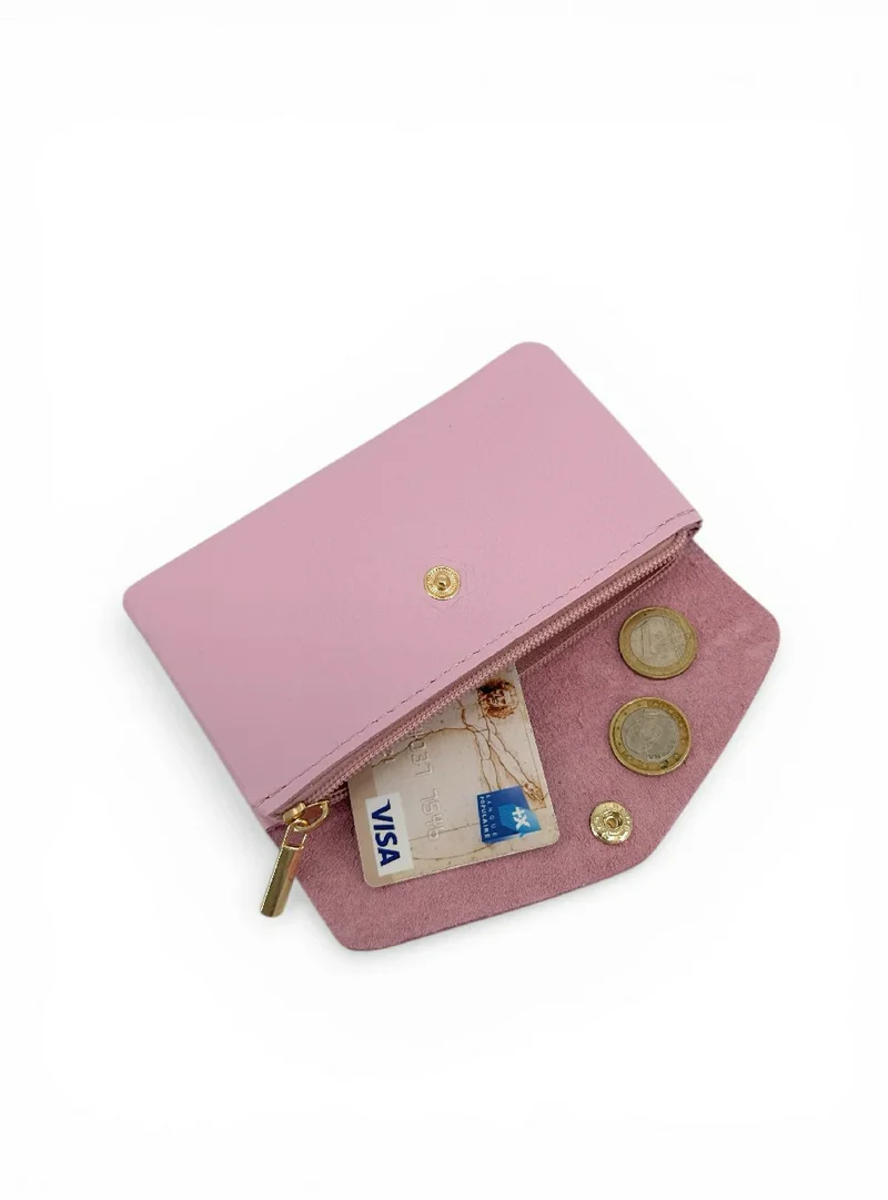 Pochette porte-monnaie en cuir grainé COMPO Rose pastel