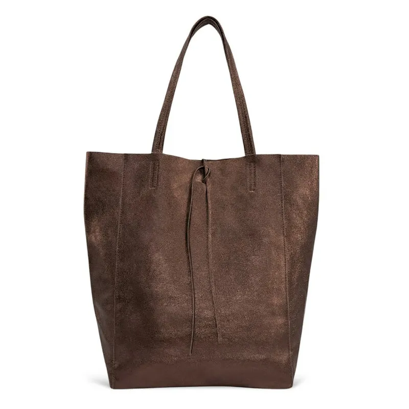Sac cabas en cuir métallisé NICE Marron chocolat