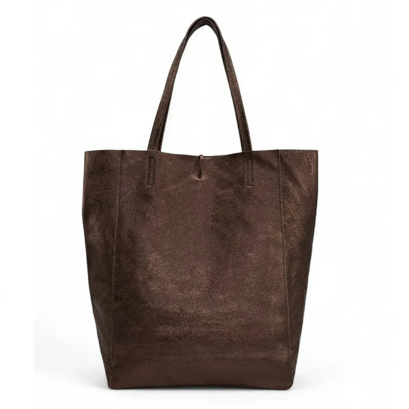 Sac cabas en cuir métallisé NICE Marron chocolat