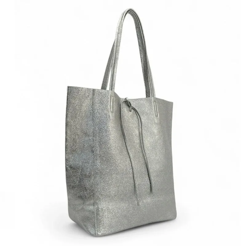 Sac cabas en cuir métallisé NICE Argent moyen