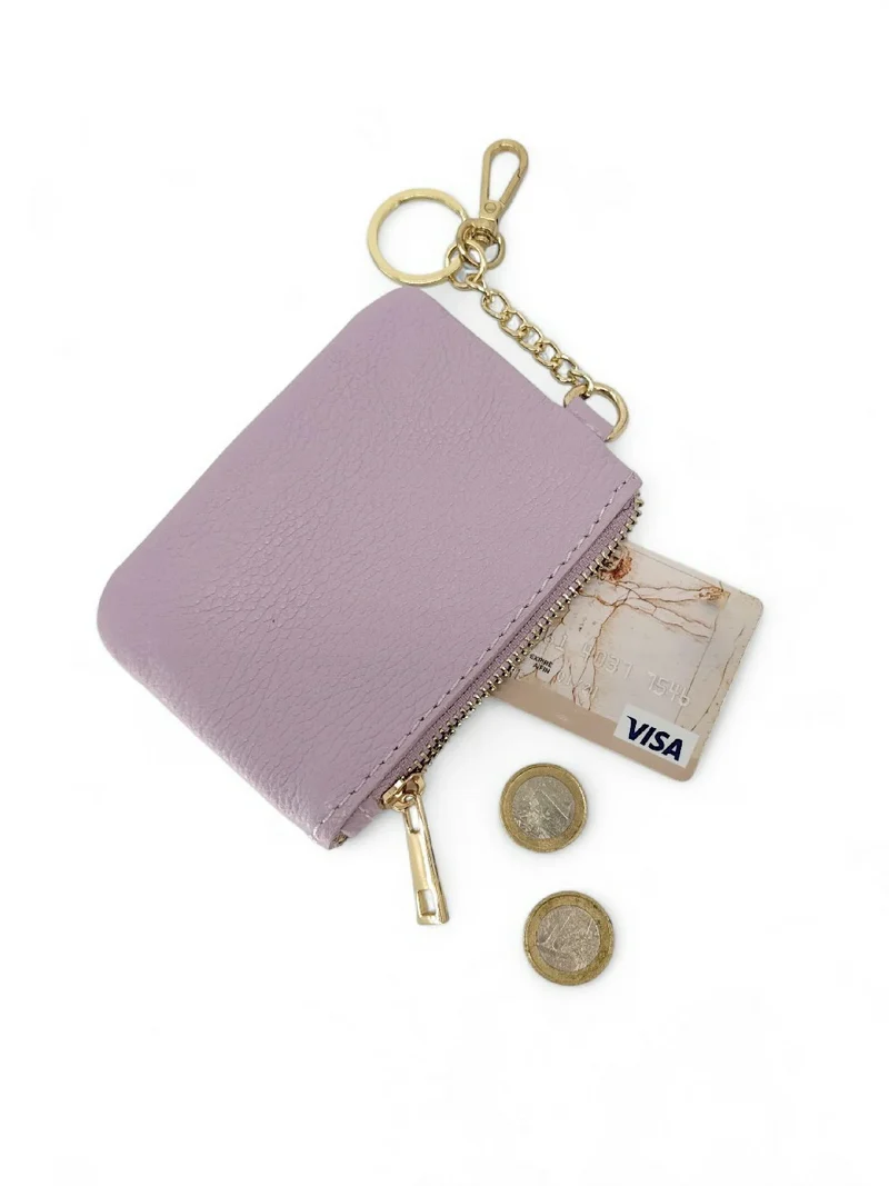 Porte-monnaie porte-clés en cuir grainé POCKET Rose pastel