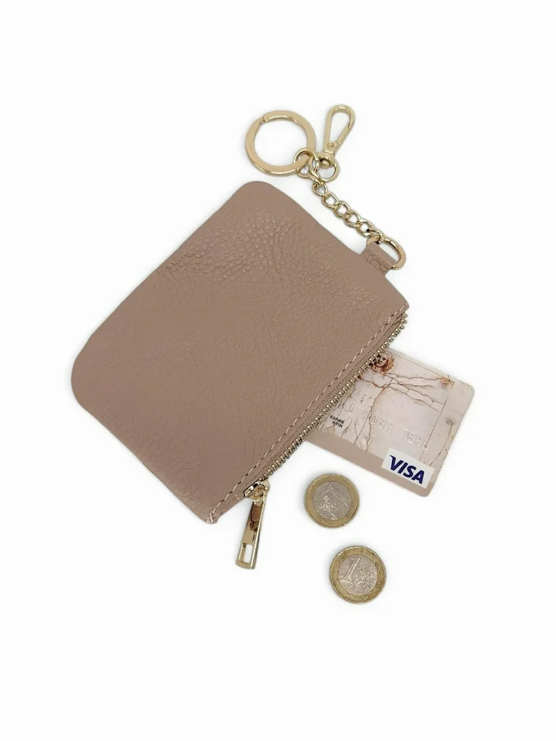 Porte-monnaie porte-clés en cuir grainé POCKET Rose nude