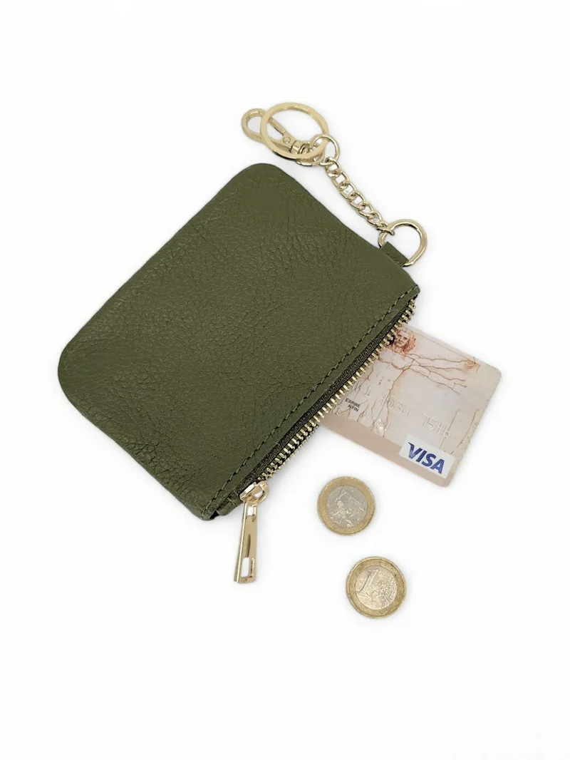 Porte-monnaie porte-clés en cuir grainé POCKET Vert kaki