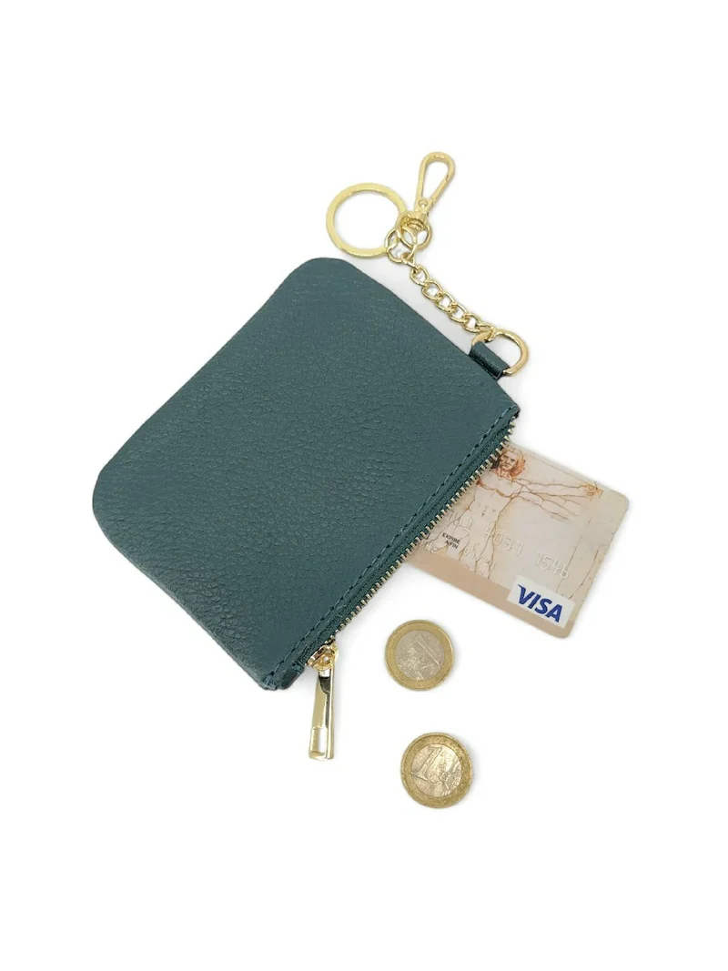 Porte-monnaie porte-clés en cuir grainé POCKET Bleu vert canard