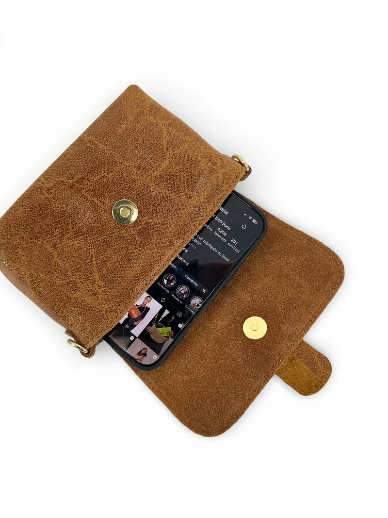 Micro sac en cuir brossé BERLINGOT Camel foncé