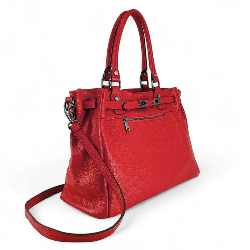 Sac cabas en cuir grainé JANET SILVER Rouge garance