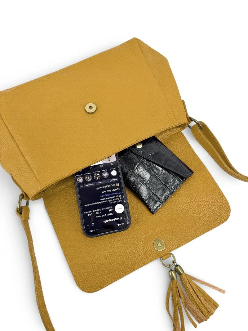 Sac bandoulière en cuir grainé SAIGON Jaune moutarde